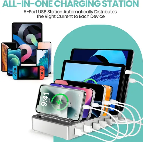 Miniatura 3 de Estación de carga rápida de 300 W para múltiples dispositivos, concentrador de carga USB de 6 puertos, organizador universal de cargador