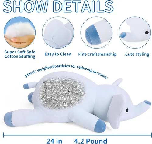 Miniatura 3 de WeBingo Animales de peluche de elefante con peso de 24 pulgadas, 4.2 libras, felpa azul con peso para niños, adultos, niños y niñas, lindo juguete