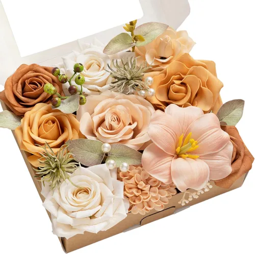 Miniatura 12 de Ling's moment Caja de Flores Falsas, Tallos de Vegetación Artificial Falsa Rosas de Espuma Dalia Hortensia de Seda Peonía Flor de Tela para Centros