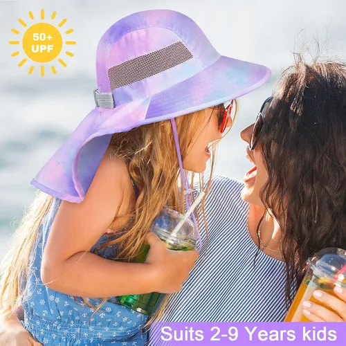 Miniatura 9 de Sombrero de sol para niños, protección UV, unicornio, verano, playa, jugar con ala ancha, solapa para el cuello para niñas y niños