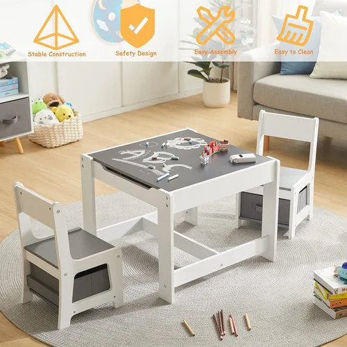 Miniatura 7 de GTOLV Juego de mesa y silla para niños, mesa de actividades de madera 3 en 1 con cajón de almacenamiento para niños pequeños, dibujo, lectura, Gris