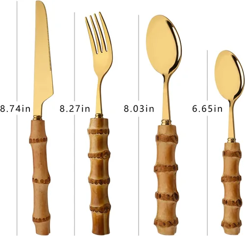 Miniatura 5 de Juego de cubiertos de mango de bambú natural, juego de cubiertos de acero inoxidable para 4, tenedores, cucharas, cuchillos para uso diario, 16