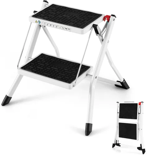Goplus Escalera de 2 escalones, taburete plegable ligero con pedales antideslizantes, cubiertas antideslizantes para pies, escalera de mano de metal