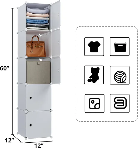 Miniatura 3 de MAGINELS Armario de almacenamiento de 5 cubos, almacenamiento estrecho de ropa con puertas, estantes organizadores de pie altos de plástico