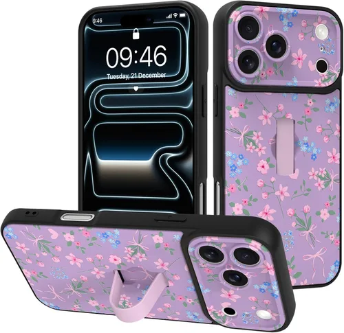 Miniatura 100 de Funda diseñada para iPhone 17 Pro Max con soporte plegable y correa para dedos, bonito patrón de lazo de corazón de flor rosa para mujeres y niñas
