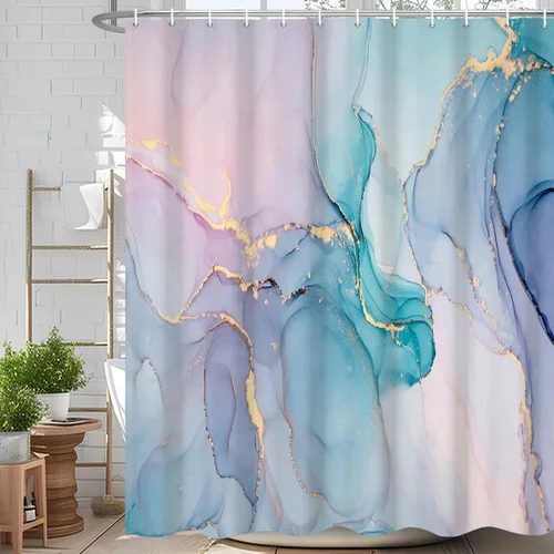 Miniatura 23 de Cortina de ducha abstracta de mármol negro gris y dorado con grietas, cortina de baño moderna ombre impresa, cortina impermeable y lavable de tela