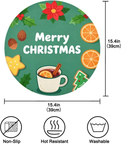 Miniatura 3 de Manteles individuales redondos verdes de Feliz Navidad, manteles individuales antideslizantes, fáciles de limpiar, impermeables, individuales