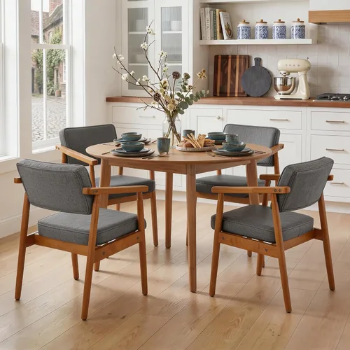 Miniatura 9 de LSSPAID Juego de 1 silla de comedor de mediados de siglo, sillón tapizado en tela de lino beige con reposabrazos de madera, respaldo cómodo, silla