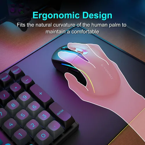 Miniatura 7 de E-YOOSO Mouse inalámbrico para juegos, 10,000 DPI, trimodo de 2.4 GHz/Bluetooth/USB-C con cable, retroiluminación RGB, 6 botones programables, mouse
