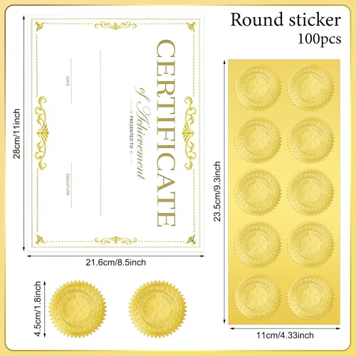 Miniatura 2 de 50 paquetes de papel de certificado de papel de aluminio dorado de 11 x 8.5 pulgadas con 100 piezas de sellos dorados en relieve, sellos dorados