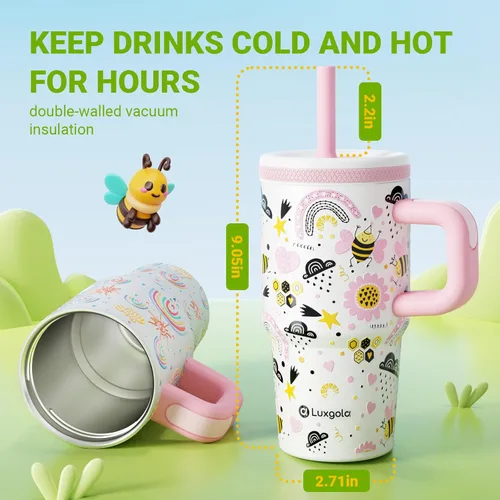 Miniatura 6 de Taza infantil de 20 oz con asa, tapa de rosca a prueba de fugas con pajita de silicona extraíble, a prueba de derrames, botella de agua reutilizable