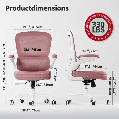 Miniatura 2 de TRALT Silla de oficina ergonómica, silla de escritorio con soporte lumbar ajustable, silla de computadora cómoda de malla con reposabrazos Rosa