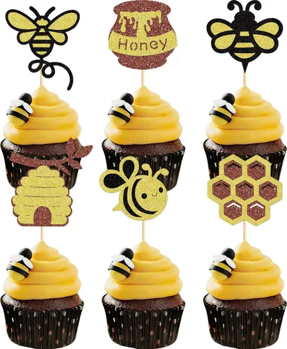 Ercadio 24 piezas de decoración de cupcakes de abeja con purpurina de nido de abeja y miel para temática de abejas, baby shower, niños y niñas,