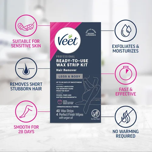Miniatura 3 de VEET Kit de depilación listo para usar para mujeres, tiras de cera para depilación corporal, kit de cera para piernas y cuerpo, producto de cuidado