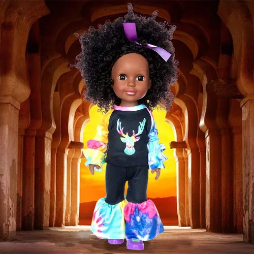 Miniatura 4 de Muñeca de silicona afroamericana de 14.5 pulgadas, muñeca realista de niña negra con 2 trajes, zapatos, mochila, cámara, lentes y accesorios