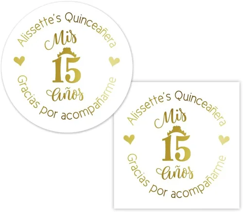 Foiled Mis Membrillo Pegatinas, Etiquetas de Quinceañera Personalizadas, Shiny Sweet 15 etiquetas de favor, pegatinas de lámina dorada (#264-F)