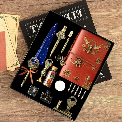 Miniatura 6 de Juego de tinta y pluma estilográfica NC - Azul, con bolígrafo, cuaderno, 5 puntas, tinta, soporte, sello, cuchara, cuentas de cera, sobres y papel