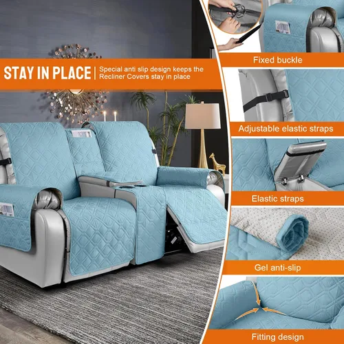 Miniatura 3 de VANSOFY Funda para Sofá de Dos Plazas Reclinable con Consola 100% Impermeable Fundas de Sofá Antideslizantes Funda de Sofá Reclinable Dividida Azuree