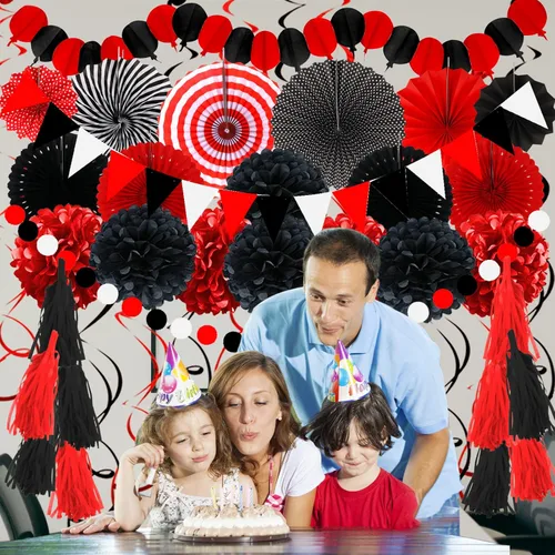 Miniatura 7 de ZERODECO - Decoraciones de fiesta, 41 piezas de abanicos de papel negros y rojos, pompones, guirnaldas, hilo, papel de seda y borlas para Negro Rojo
