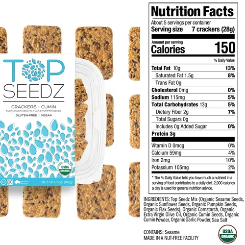 Miniatura 2 de Top Seedz Galletas certificadas orgánicas sin gluten con comino y 6 semillas Pack de 6 5 onzas Galletas veganas saludables con proteína a base