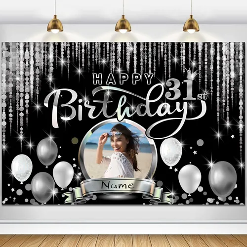 Miniatura 89 de Cartel de decoración de feliz cumpleaños número 100 personalizado - Personalización disponible - Negro y plateado - Tamaño grande - Admite fotos