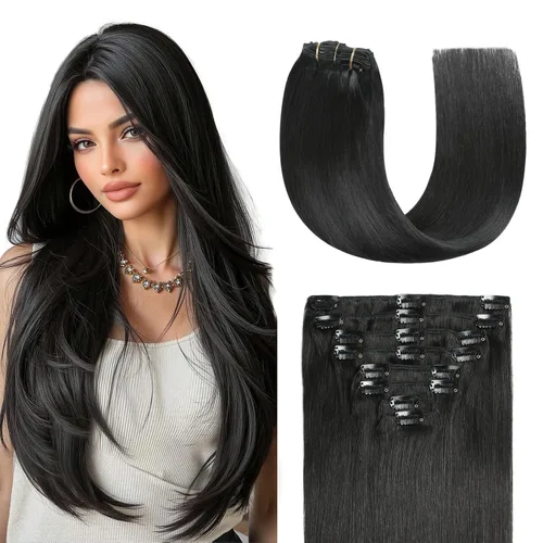 Miniatura 20 de Sunya Extensiones de cabello humano real con clip, color negro azabache, doble trama, lacio, 12 pulgadas, #1, 8 unidades, 3.53 oz