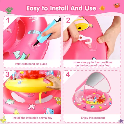 Miniatura 6 de Flotador de piscina para bebé con toldo, flotador inflable de natación para bebés con protección solar UPF50+, flotador de piscina infantil con Rosa