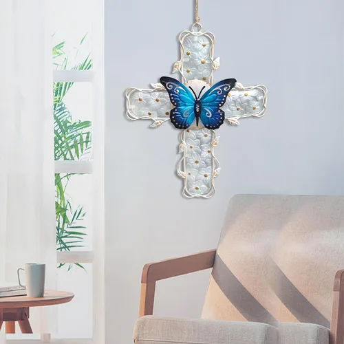 Miniatura 4 de COOZZYHOUR Decoración de pared de metal con cruz de metal y cristal, flor de hortensia azul, decoración para exteriores, interiores, hogar, jardín