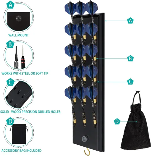 Miniatura 4 de FDLS Soporte para dardos montado en la pared para 12 o 15 dardos de acero y punta suave, organizador de dardos para pared con gancho de metal, bolsa
