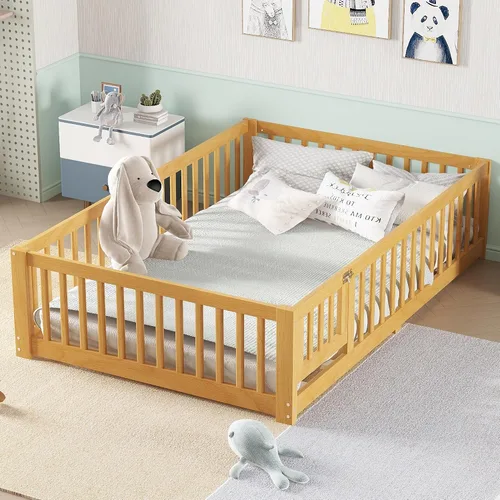 Miniatura 12 de Harper & Bright Designs Cama Montessori de madera tamaño individual, cama de piso con rieles altos, listones y puerta, marco de cama de madera