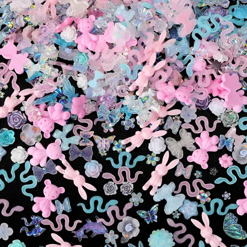 Miniatura 19 de COOSLIM 110 dijes de uñas 3D para uñas acrílicas, flor de camelia, rosa, mariposa, lazo, corazón, oso, conejo, estrella, para diseños de uñas, Negro