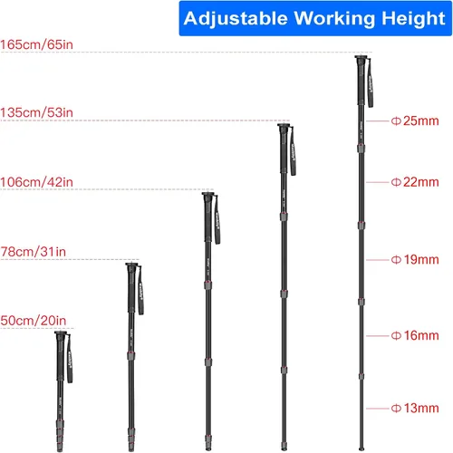 Miniatura 5 de Manbily Monopod de cámara de 65 pulgadas, monopie de viaje de aluminio de 5 secciones para cámaras réflex digitales Canon, Nikon, Sony, videocámara
