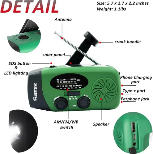 Miniatura 7 de Radio de emergencia meteorológica NOAA de 5000 mAh con carga solar, radio de cuerda de manivela AM FM, alarma SOS, linterna LED con conector