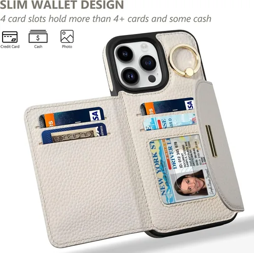 Miniatura 2 de Funda tipo cartera para iPhone 14 Pro Max de 6.7 pulgadas, con ranuras para tarjetas, soporte para anillos, funda protectora de piel sintética