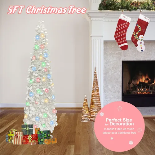 Miniatura 6 de BTU - Árbol de Navidad artificial plegable, 5 pies, 90 luces LED, escarcha, delgado, para el hogar, festividades, chimenea, fiestas, decoración