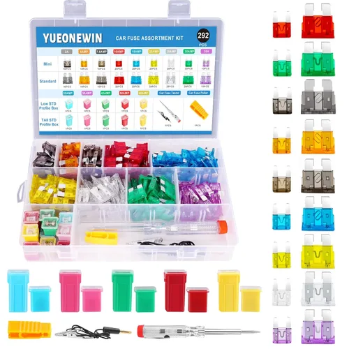 Kit surtido de fusibles para automóvil, 292 piezas de fusibles estándar y mini cuchilla, fusibles en forma de caja Jcase de perfil alto/STD y bajo