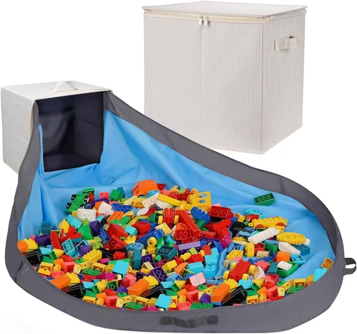 SAM AND MABEL Organizador de almacenamiento de juguetes con tapete de juego para niños, 13 x 13 x 13 pulgadas, apilable y plegable, caja Bambú Crema