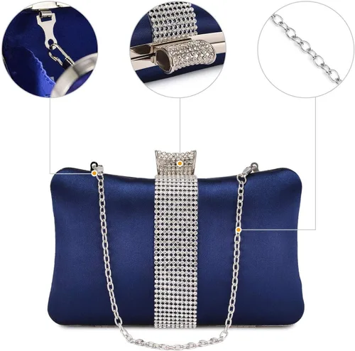 Miniatura 6 de DA BODAN Bolso de mano Jane de satén con diamantes de imitación para mujer para noche novia graduación fiesta bolso cruzado con cadena