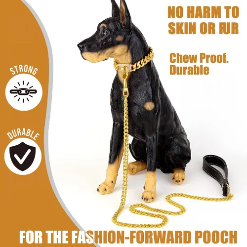 Miniatura 2 de Correa de cadena para perro de 3 pies y 4.3 pies, acero inoxidable de oro de 18 quilates, correa para perro de 0.472 in con cómodo mango de cuero