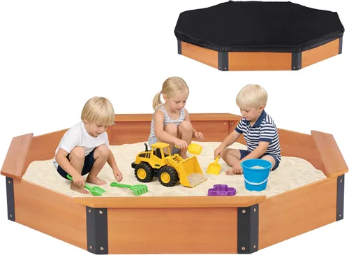 Miniatura 10 de Cajón de arena de 64"x56"x8.5" octogonal con cubierta para juegos al aire libre de niños, arenero grande de madera con 4 bancos, instalación rápida