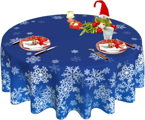 Miniatura 30 de Mantel redondo de Navidad con diseño de copos de nieve de Navidad para cocina, comedor, decoración de mesa de poliéster lavable para mesa de bufé
