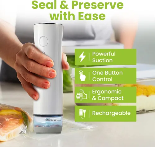 Miniatura 2 de Sellador al vacío portátil de mano para alimentos con 32 bolsas reutilizables, sellador al vacío de alimentos compacto y potente con tanque