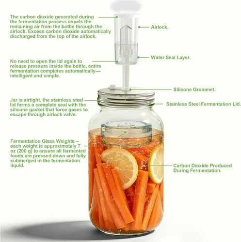 Miniatura 7 de Paquete de 4 kits de fermentación para tarro Mason de boca ancha, incluye 4 pesos de fermentación de vidrio, 4 tapas de fermentación, 4 esclusas