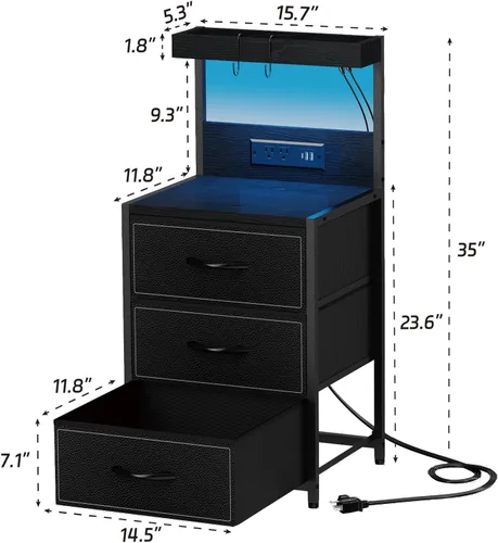 Miniatura 3 de SZLHANJZ - Mesita de noche LED con estación de carga, mesita de noche con 3 cajones y luces, mesa auxiliar de almacenamiento con estante y ganchos