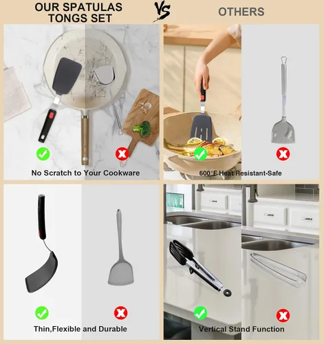Miniatura 6 de Juego de 4 espátulas de silicona flexible y pinzas para alimentos de cocina con puntas de silicona, resistente al calor de 600 °F, ideal