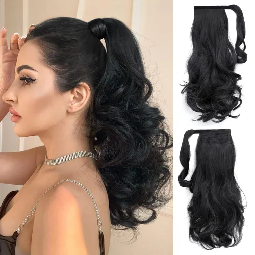 Extensiones de cabello de cola de caballo negro oscuro, 16 pulgadas, ondulado, rizado, sintético, con clip, de fácil instalación, extensiones
