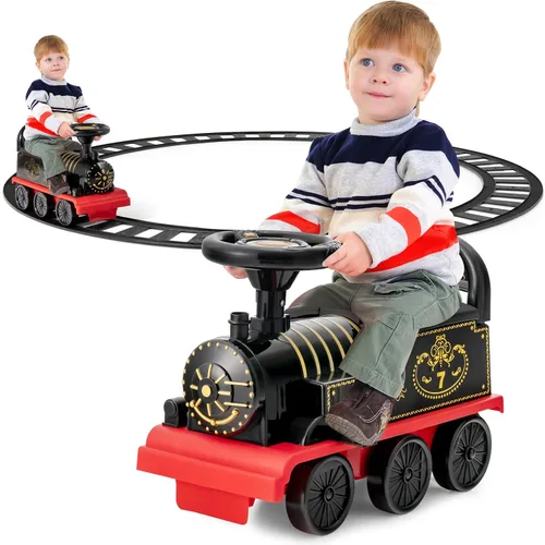 Costzon Juguetes para montar, tren eléctrico de 6 V con pistas, asiento de almacenamiento, luces intermitentes y música, respaldo, dispositivo Negro