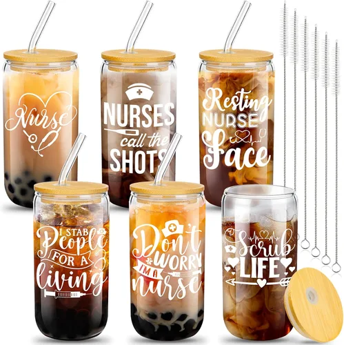 Miniatura 7 de Juego de 6 vasos de vidrio con forma de lata de 16 onzas con tapas y pajitas de bambú, regalos de graduación de escuela de enfermería para mujeres