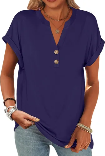 Miniatura 12 de ANRABESS - Camisetas Henley de manga corta para mujer, cuello en V, elegantes, estilo informal, de corte suelto; blusas fluidas de verano, ropa