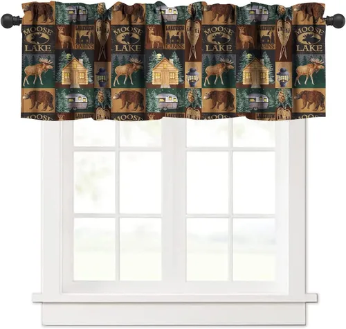 Cenefa de ventana rústica de alce y ciervo, estilo vintage de casa de campo, pino, oso marrón, alce, cortina de ventana para cocina, dormitorio,